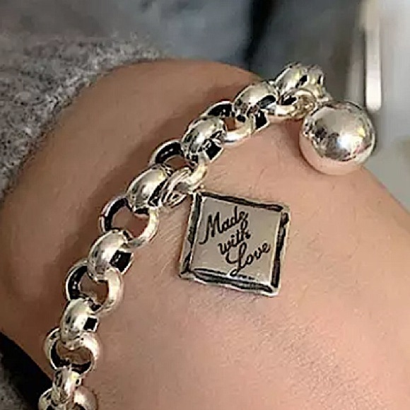 Sterling Silver Made with Love Bracelet Chain Link Ball Charm - Picture 12 of 12